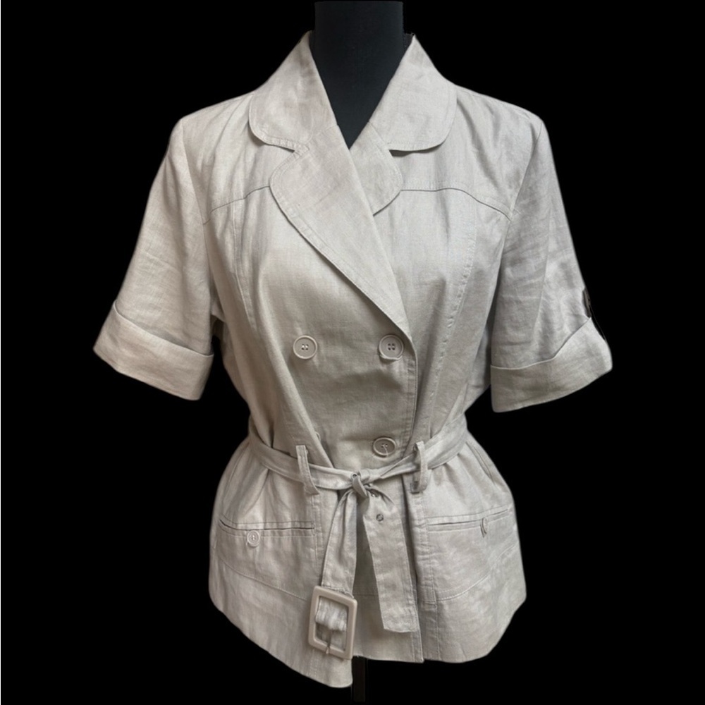 DAVID BROOKS LINEN TAN JACKET DOUBLE BREASTED SAFARI STYLE SHORT SLEEVE SIZE XL